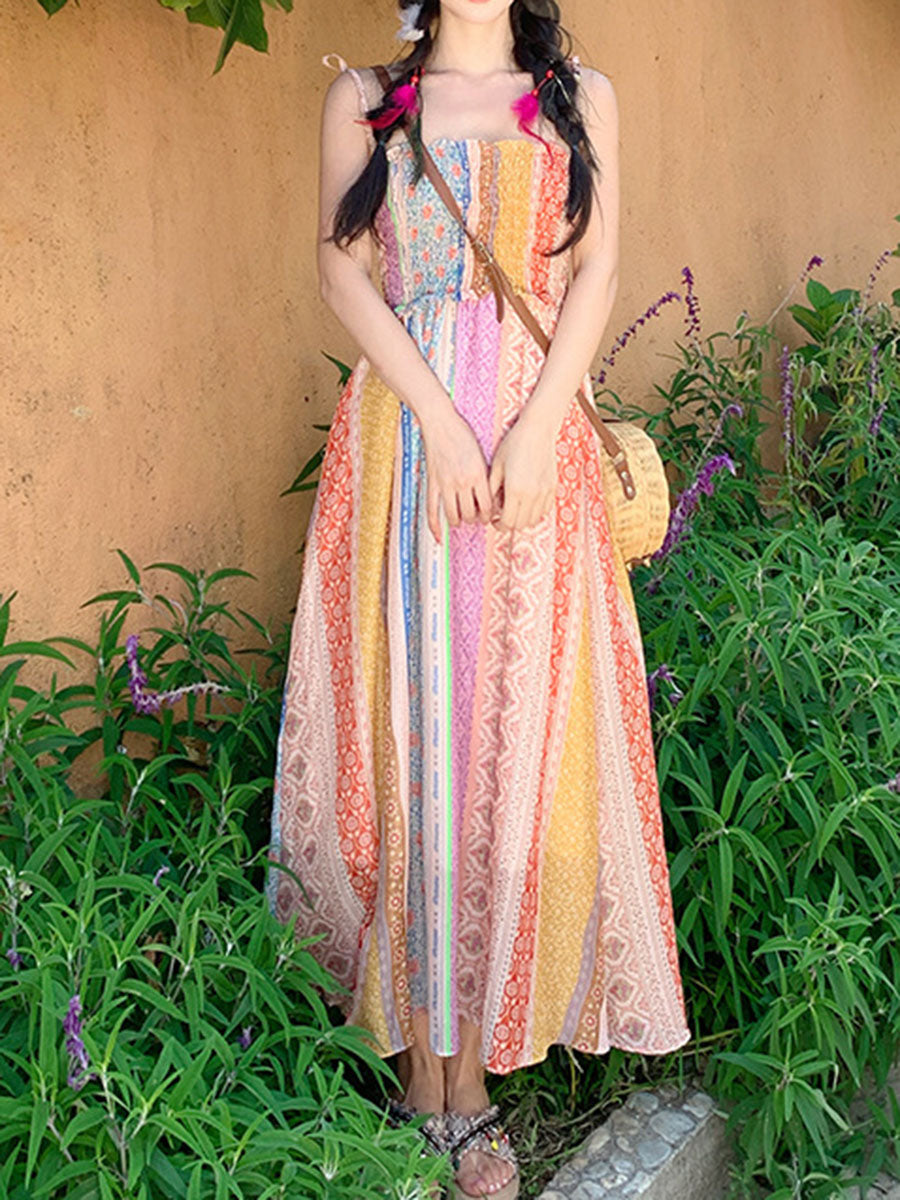 Derpai Langes Kleid mit Blumenprint und feinen Trägern Boho-Stil mehrfarbig