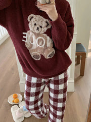 Derpai Pyjama-Set aus Fleece mit Bären-Karo-Muster Damen Weihnachten