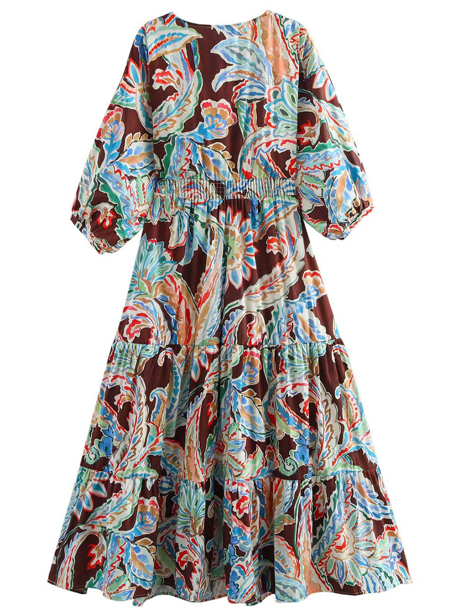 Derpai Lockeres langes Kleid Blumenprint V-Ausschnitt lange Ärmel Boho