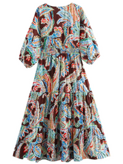 Derpai Lockeres langes Kleid Blumenprint V-Ausschnitt lange Ärmel Boho
