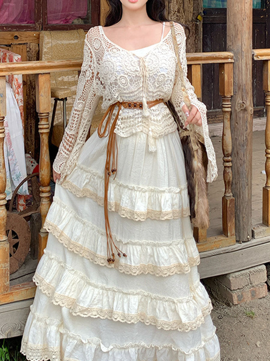 Derpai Langer Boho-Rock im Lagenlook aus Spitze Apricot Damen