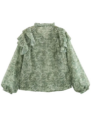 Derpai Bluse mit Puffärmeln Chiffon Blumenprint Jabotkragen grün