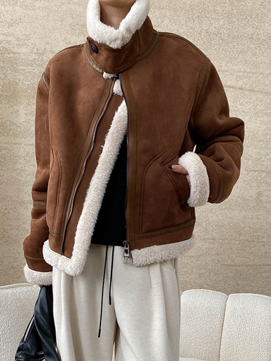 Derpai Fliegerjacke aus Wildlederimitat mit Wollfutter Damen Winter