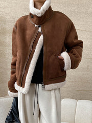 Derpai Fliegerjacke aus Wildlederimitat mit Wollfutter Damen Winter
