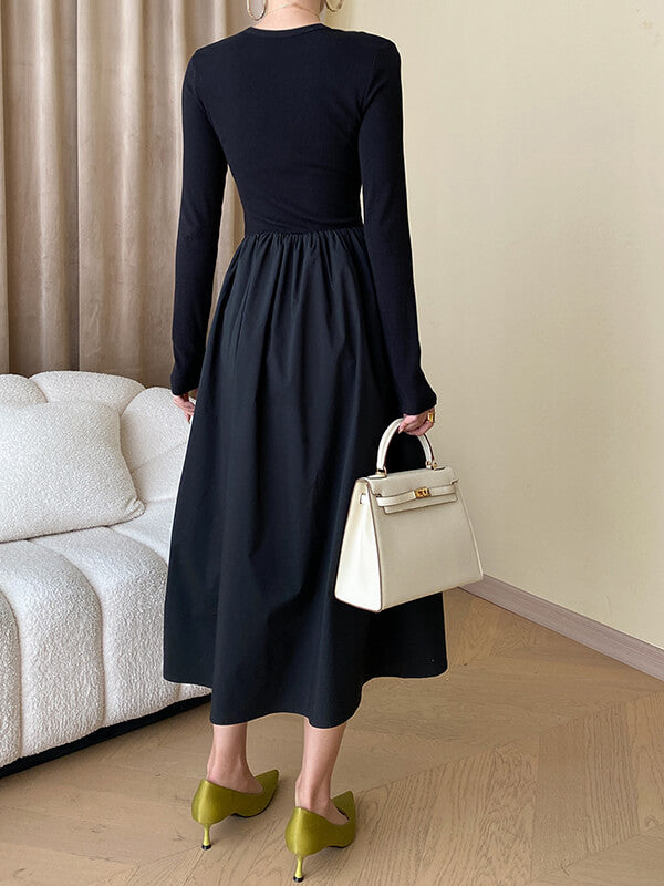 Derpai Schwarzes langes Kleid im Trapezstil mit Cut-Outs & langen Ärmeln