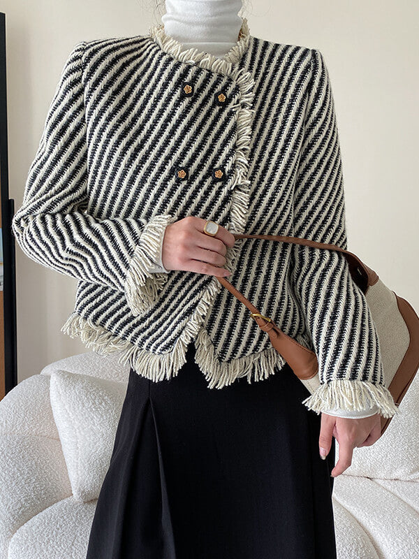 Derpai Kurze Tweedjacke mit Fransen Streifen und Taschen Damen elegant