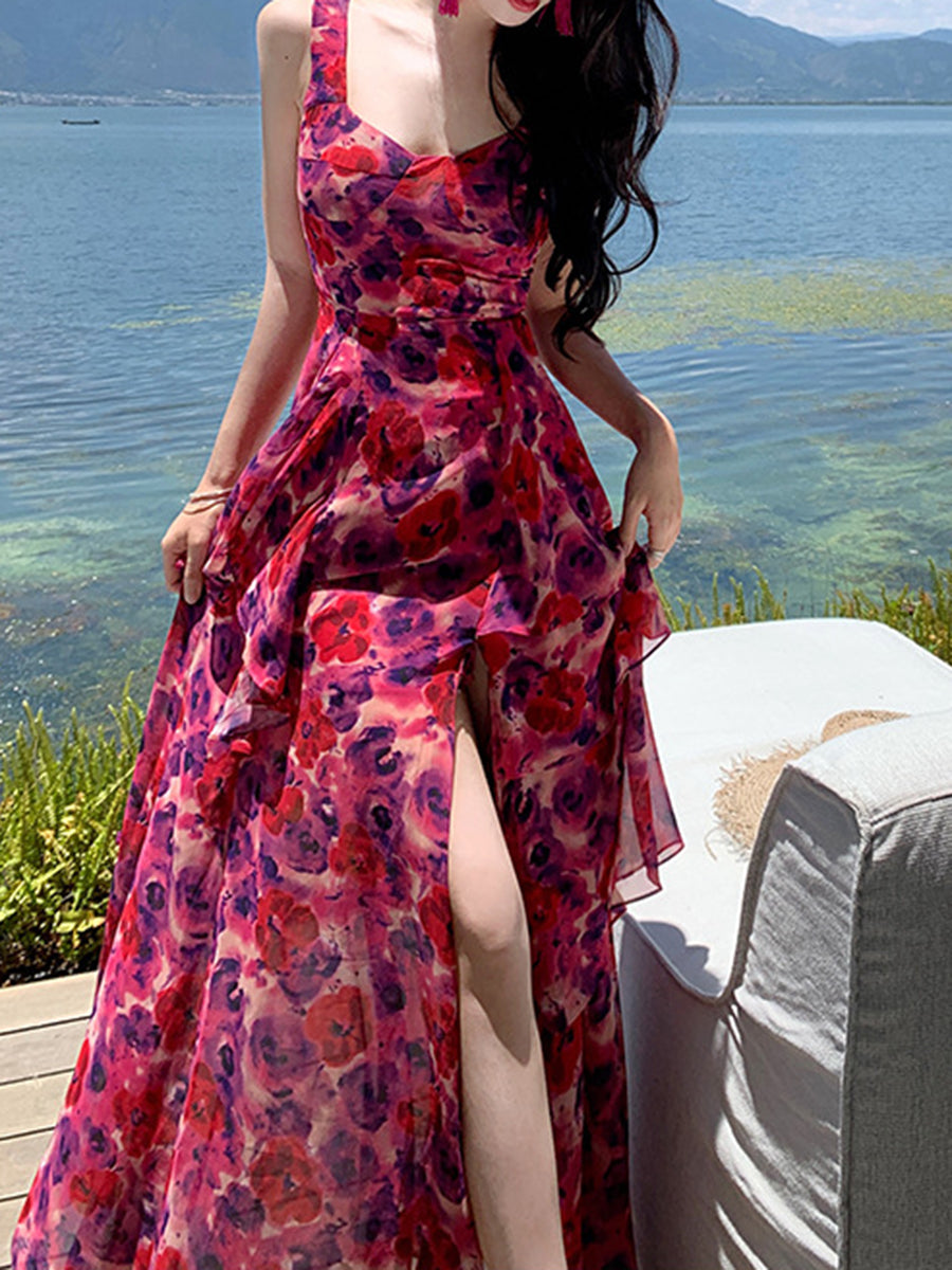 Derpai Langes Maxikleid aus Chiffon mit Blumenprint und Schlitz