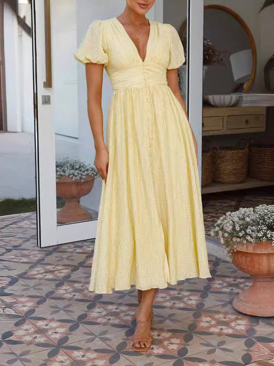 Derpai Langes Kleid mit Knopfleiste V-Ausschnitt Puffärmel elegant