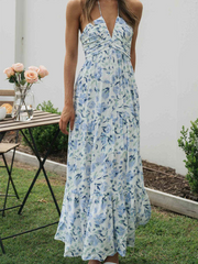 Derpai Langes Kleid aus Chiffon mit Blumenmuster Neckholder Rückenfrei Urlaub