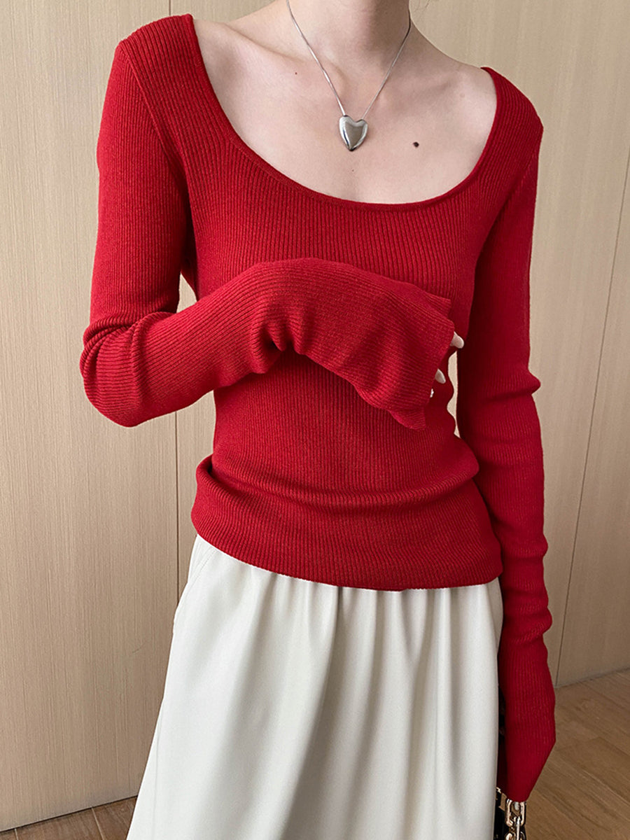Derpai Strickpullover mit quadratischem Ausschnitt und ausgestellten Ärmeln Damen