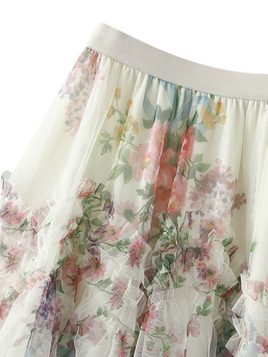 Derpai Langer Tüllrock mit Blumenprint Damen