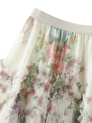 Derpai Langer Tüllrock mit Blumenprint Damen