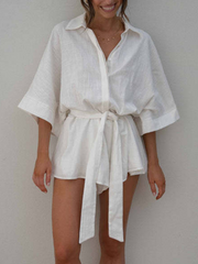 Derpai Kurzer Jumpsuit mit Gürtel Ellenbogenärmel lässig