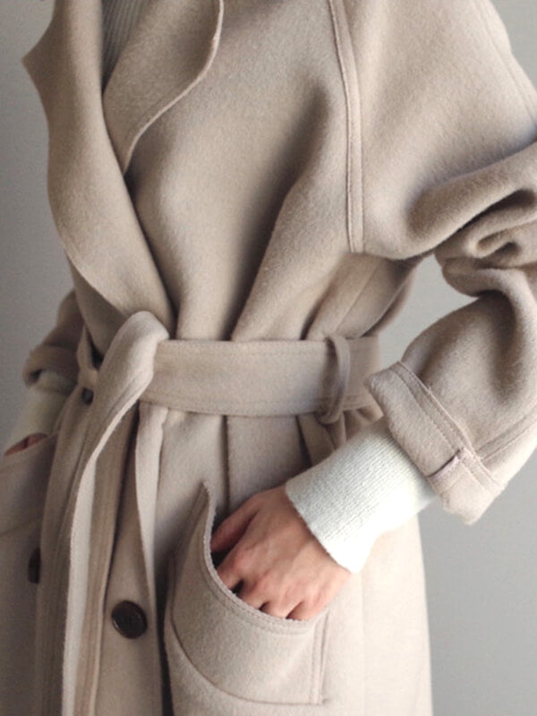 Derpai Eleganter langer Wollmantel mit doppelter Knopfleiste Gürtel und Taschen Damen