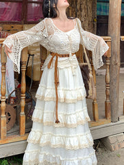 Derpai Langer Boho-Rock im Lagenlook aus Spitze Apricot Damen