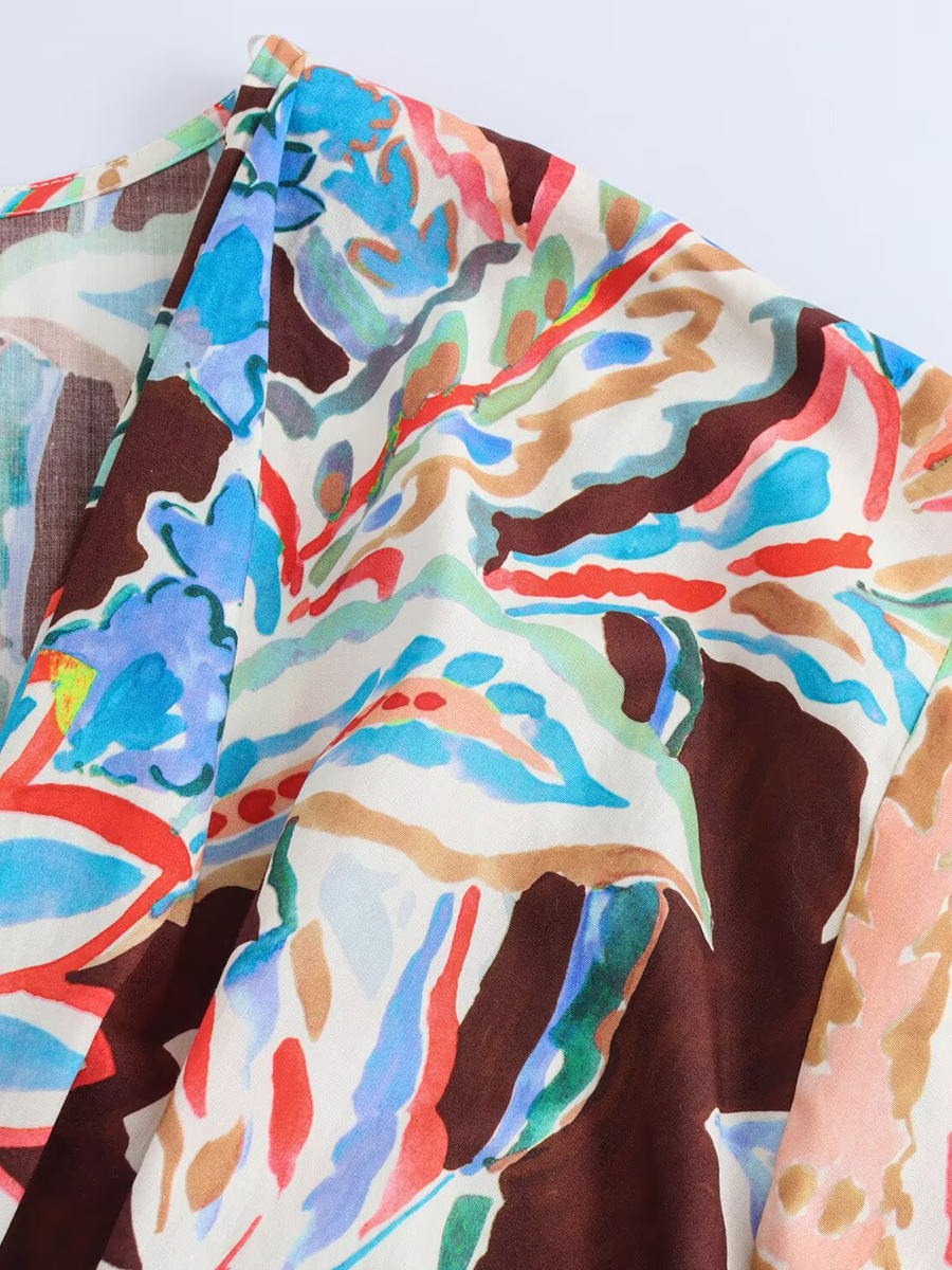 Derpai Lockeres langes Kleid Blumenprint V-Ausschnitt lange Ärmel Boho
