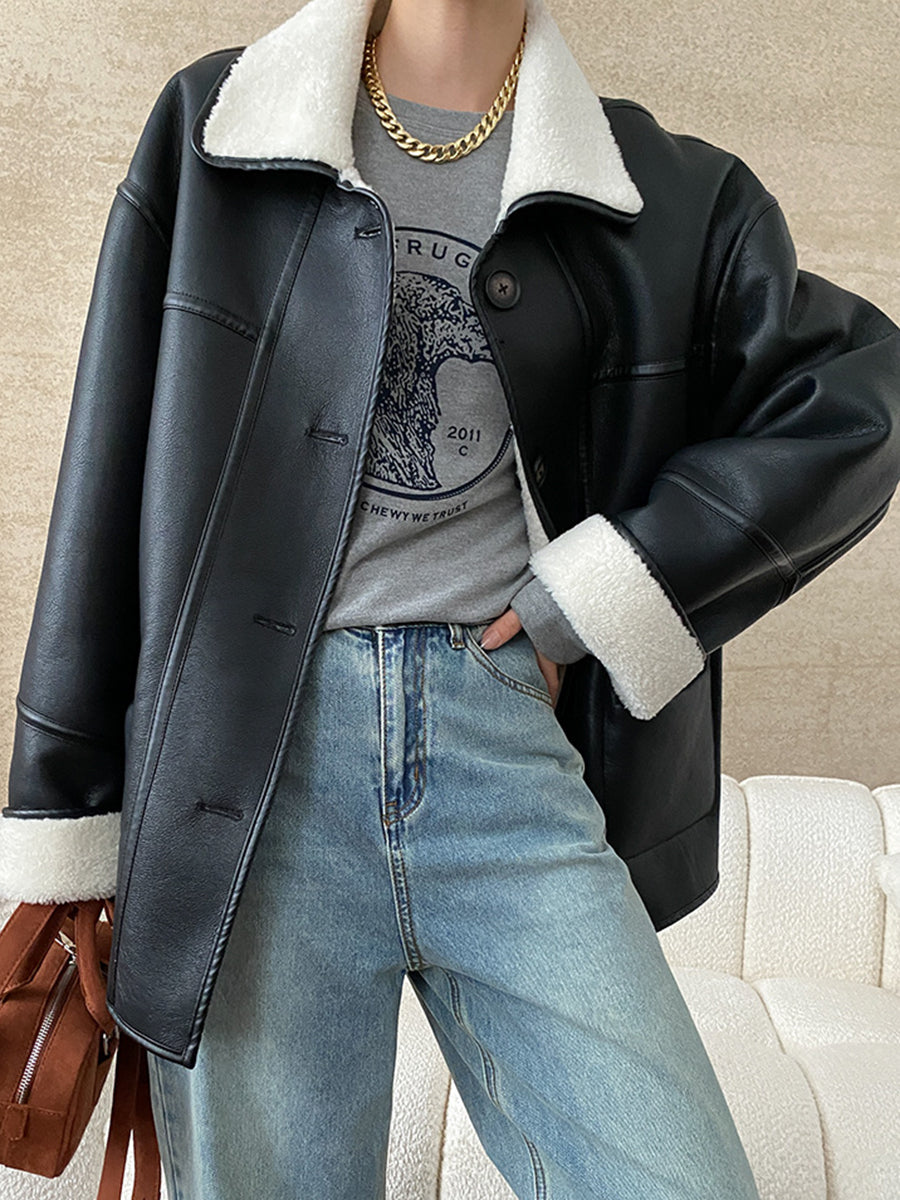 Derpai Fliegerjacke aus Kunstleder wendbar Knopfleiste Damen