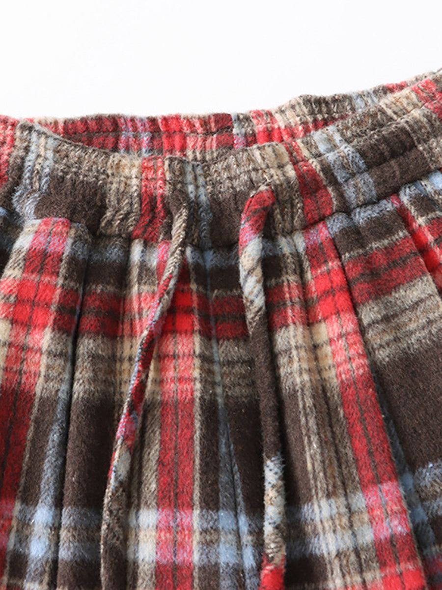 Derpai Weite Wollhose mit Karomuster und Trägern Damen Weihnachten