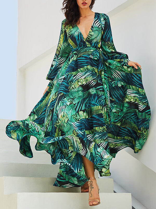 Derpai Langes Boho-Kleid aus Chiffon mit tropischem Print und V-Ausschnitt – Grün