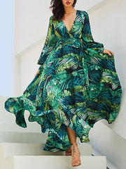 Derpai Langes Boho-Kleid aus Chiffon mit tropischem Print und V-Ausschnitt – Grün