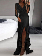 Derpai Glänzendes langes Abendkleid mit Schlitz & Rüschen – für Hochzeit