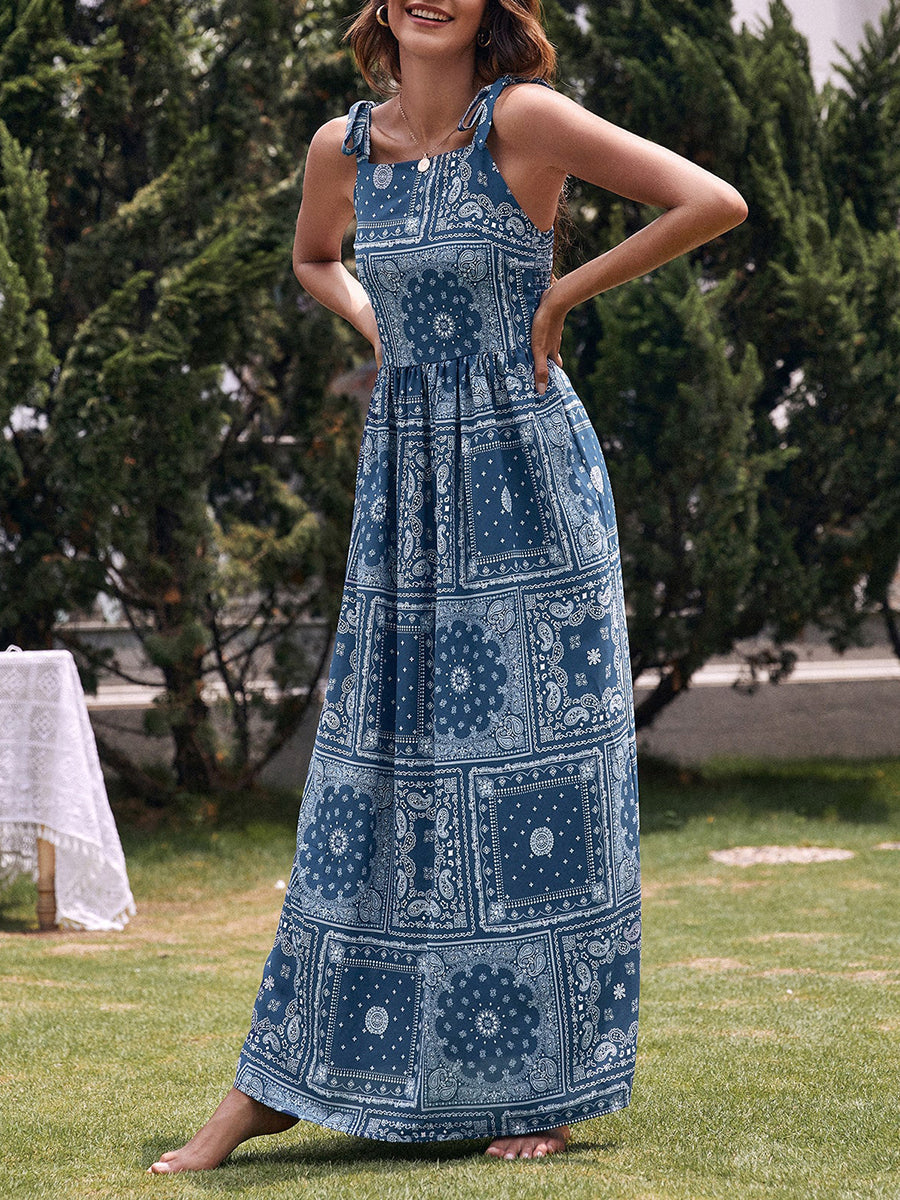 Derpai Langes Kleid mit Trägern Urlaubsstil ethnisch Navy