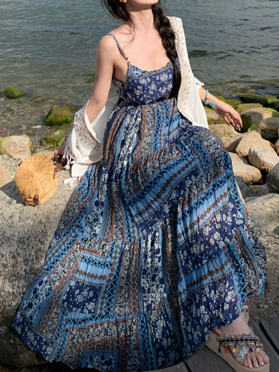 Derpai Langes Boho-Kleid mit Blumenprint und feinen Trägern Blau