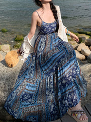 Derpai Langes Boho-Kleid mit Blumenprint und feinen Trägern Blau
