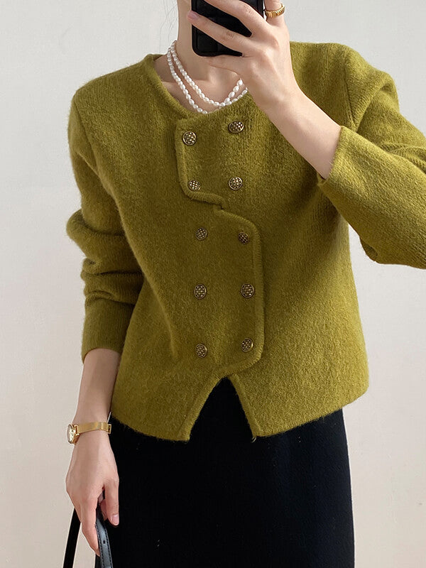 Derpai Asymmetrischer Cardigan mit doppelter Knopfleiste – Damenmode