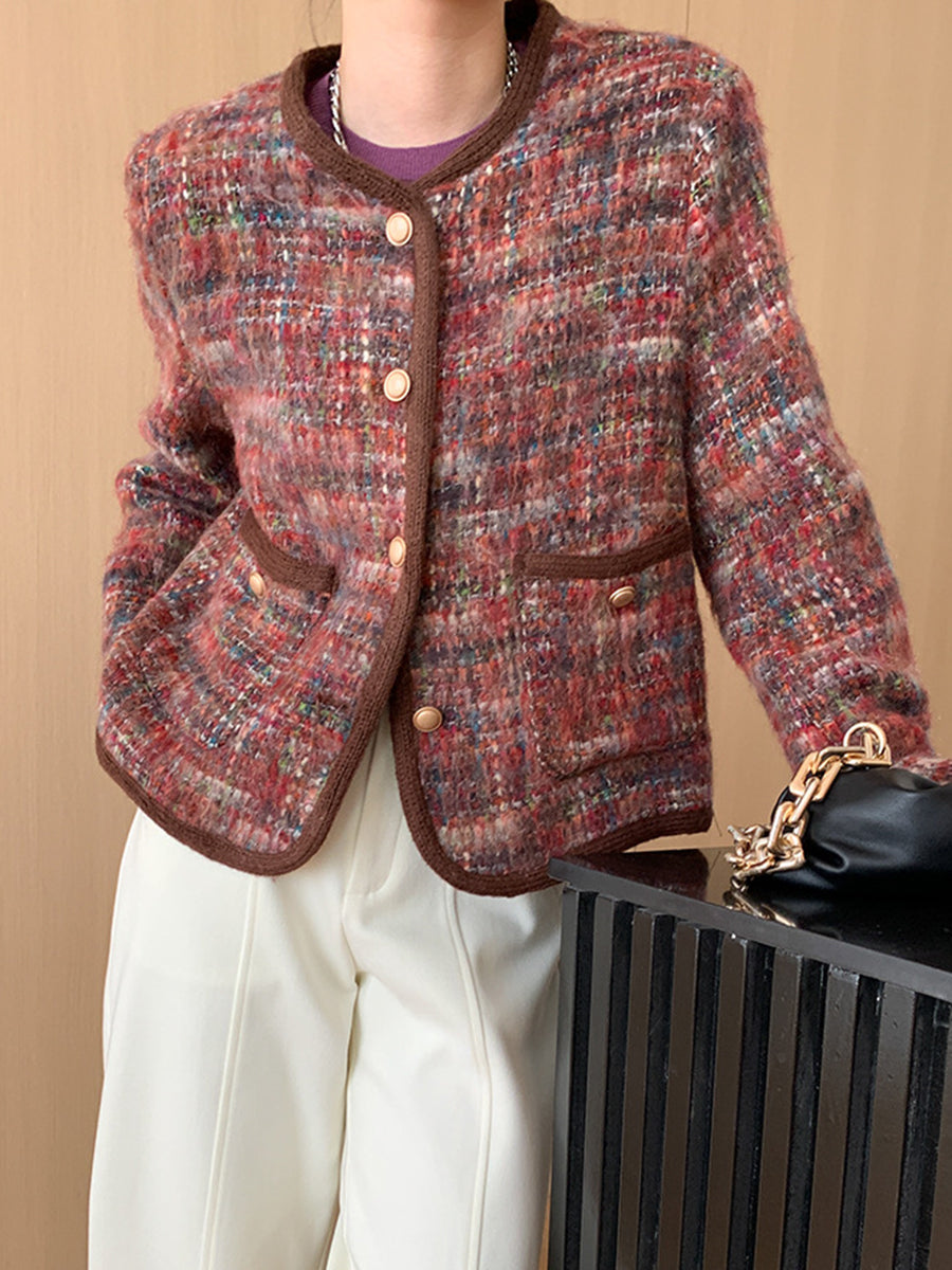 Derpai Karierte Tweedjacke mit kontrastierendem Besatz Damen Rot elegant Weihnachten