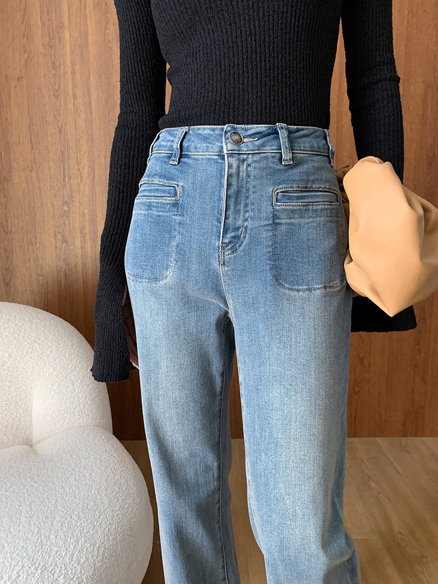 Derpai Schlagjeans mit Taschen und Reißverschluss Damen modisch