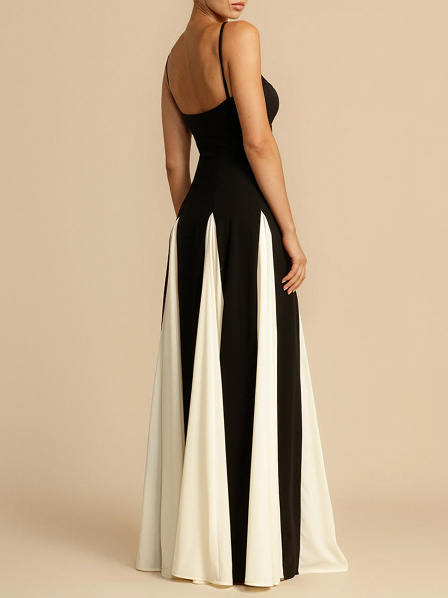 Derpai Zweifarbiges langes Kleid in Schwarz-Weiß dünne Träger elegant Abendmode