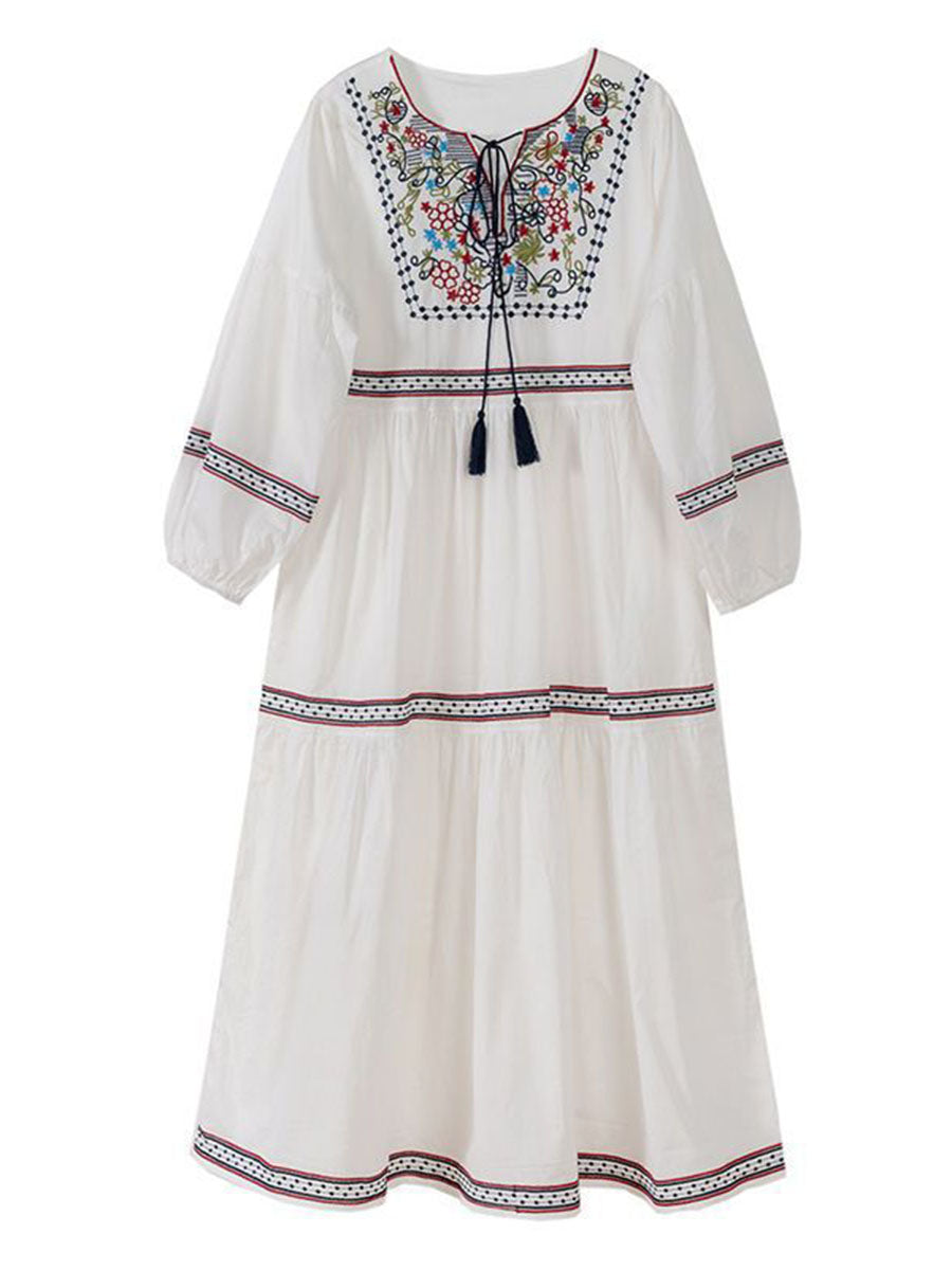 Derpai Besticktes langes Boho-Kleid mit langen Ärmeln & eckigem Ausschnitt – für Urlaub & Strand