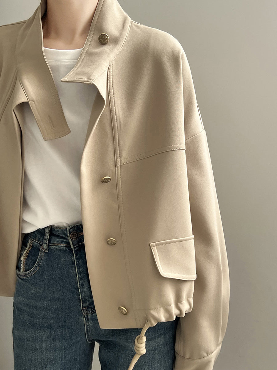 Derpai Kurze Jacke mit Tunnelzug Knopfleiste Taillierung und Stehkragen modisch Damen