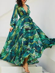 Derpai Langes Boho-Kleid aus Chiffon mit tropischem Print und V-Ausschnitt – Grün