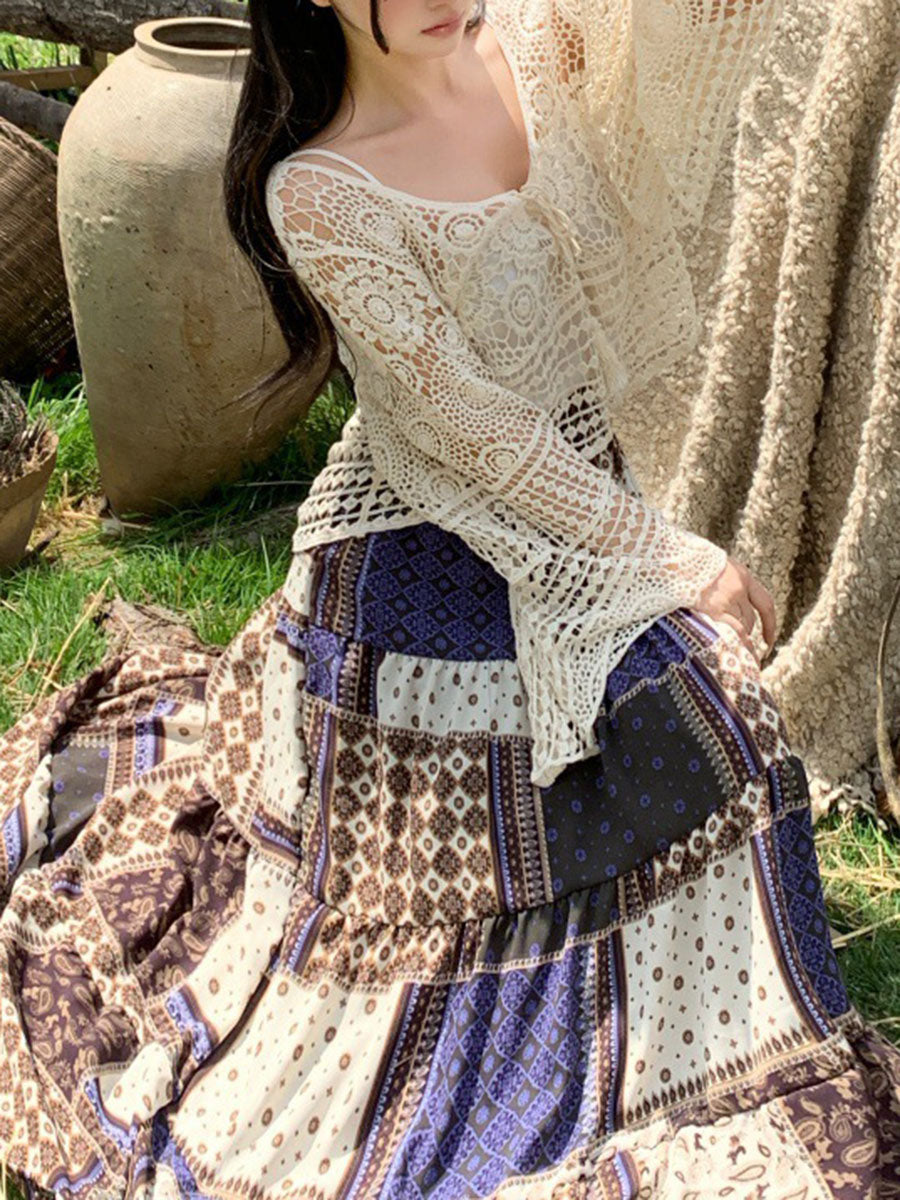 Derpai Langer geblümter Maxirock im Ethno-Stil Violett Damen Boho