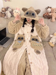 Derpai Pyjama-Set aus Flanell mit Katzenmotiv Taschen und Kapuze