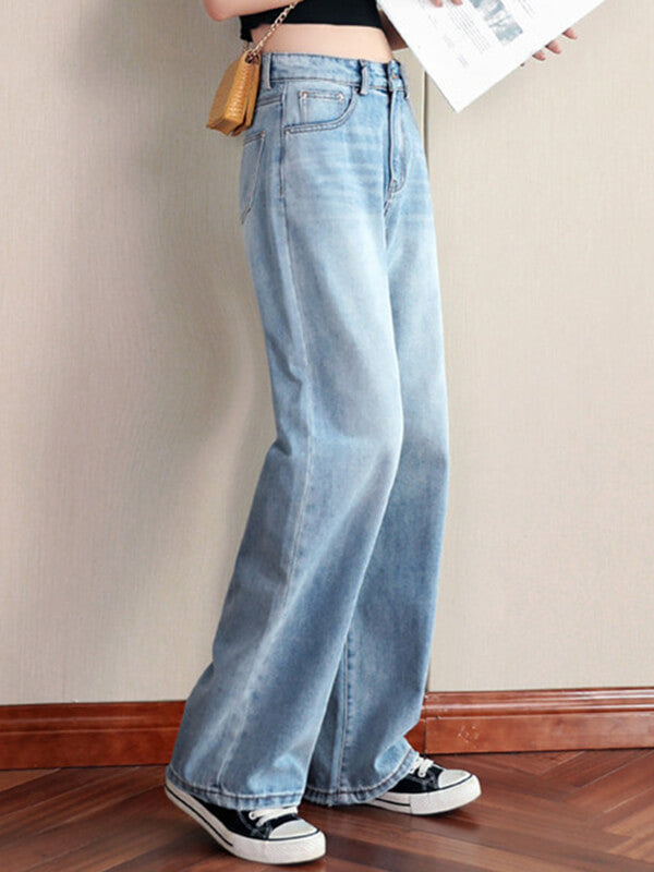 Derpai Weit geschnittene Jeans mit Schlag Taschen & Reißverschluss – Damen