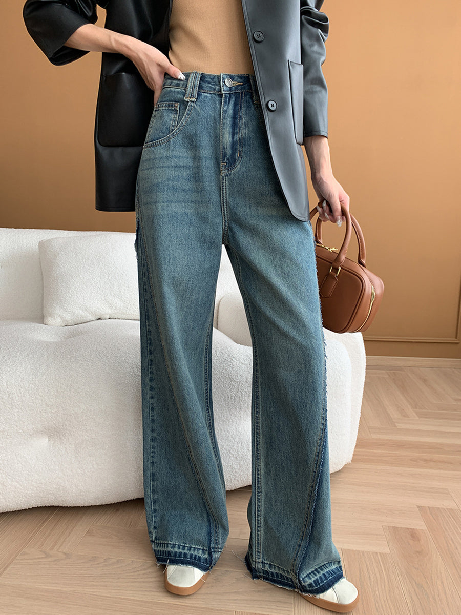Derpai Lange Schlagjeans im Vintage-Stil mit Taschen und Reißverschluss Damen