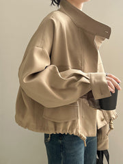 Derpai Kurze Jacke mit Tunnelzug Knopfleiste Taillierung und Stehkragen modisch Damen