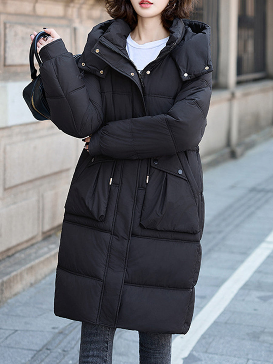 Derpai Langer Baumwollmantel mit Taschen und Kapuze Damen Winter