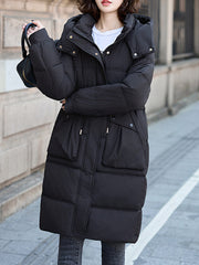 Derpai Langer Baumwollmantel mit Taschen und Kapuze Damen Winter