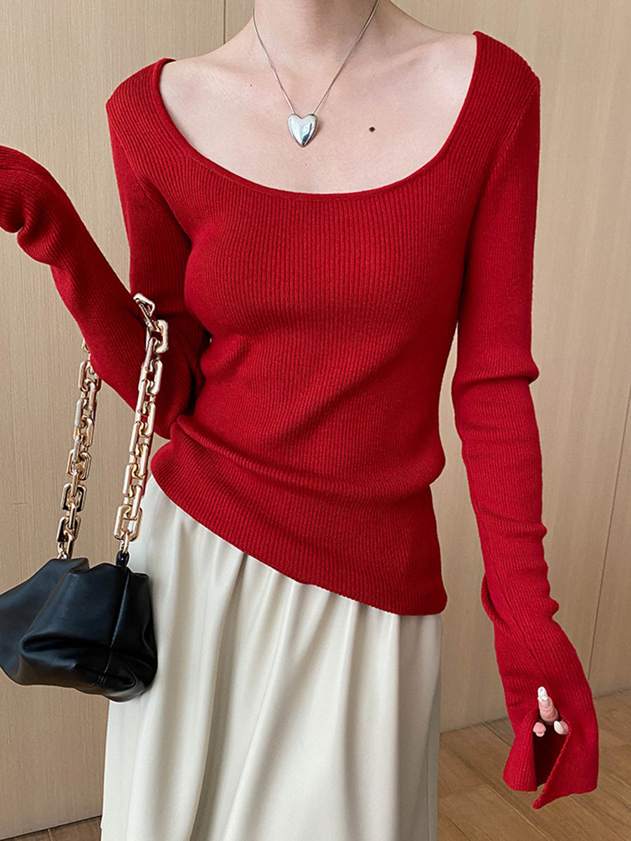 Derpai Strickpullover mit quadratischem Ausschnitt und ausgestellten Ärmeln Damen