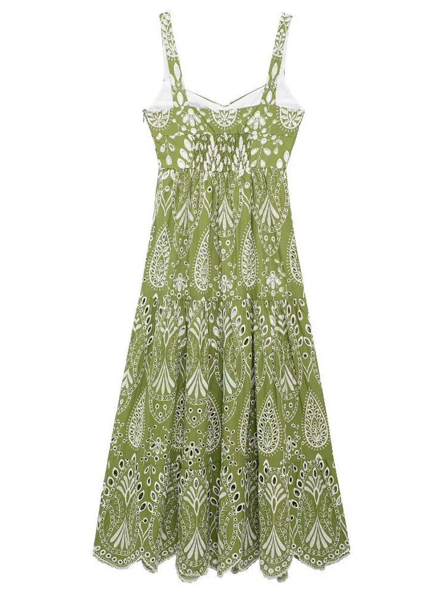 Derpai Langes Abendkleid mit Paisley-Stickerei Grün ärmellos feine Träger – für Ball & Strand