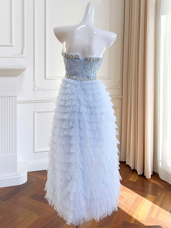 Derpai Zartes langes Ballkleid aus Tüll in Pastellblau mit Perlen & Strass