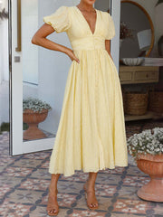 Derpai Langes Kleid mit Knopfleiste V-Ausschnitt Puffärmel elegant