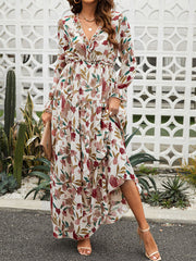 Derpai Langes Kleid aus Chiffon mit Blumenmuster langen Ärmeln & V-Ausschnitt – elegant