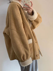 Derpai Oversize-Fliegerjacke aus Wildlederimitat mit Fleece-Futter – Damenmantel