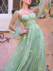 Derpai Langes Abendkleid mit besticktem Bustier & langen Ärmeln – für Ball oder Hochzeit