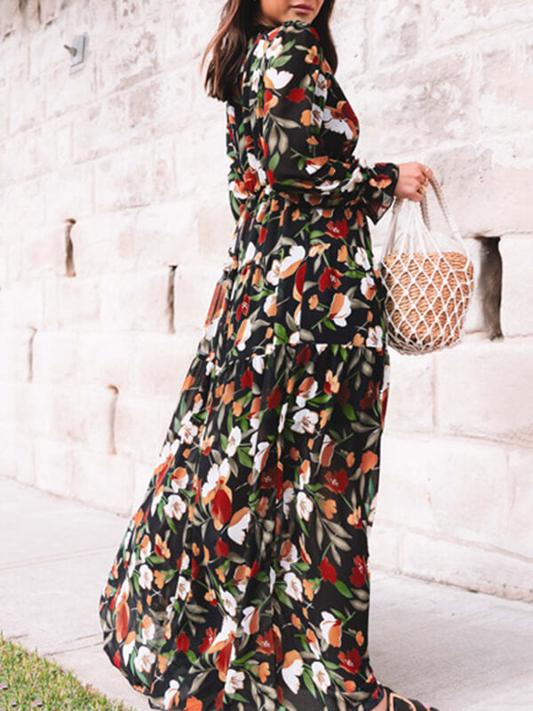 Derpai Langes Kleid aus Chiffon mit Blumenmuster langen Ärmeln & V-Ausschnitt – elegant